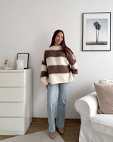 Oversized Strickpullover gestreift Hellbraun/Beige