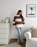 Oversized Strickpullover gestreift Hellbraun/Beige