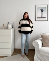 Oversized Strickpullover gestreift Schwarz/Beige