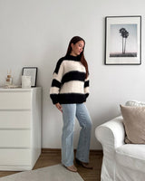 Oversized Strickpullover gestreift Schwarz/Beige