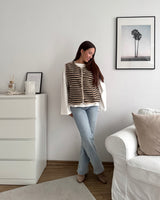 Kurze Teddy Weste mit Streifen & Knopfleiste Braun/Beige
