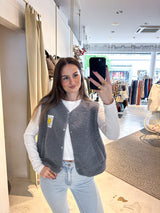 Kurze Teddy Weste mit Knopfleiste und Smiley Grau