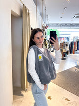 Kurze Teddy Weste mit Knopfleiste und Smiley Grau