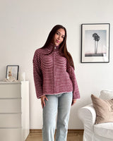 Strickjacke mit Zipper fein gestreift Weinrot/Rosa