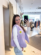 Kurze Teddy Weste mit Knopfleiste und Smiley Flieder