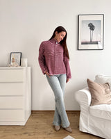Strickjacke mit Zipper fein gestreift Weinrot/Rosa