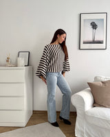 Ballon Strickpullover mit Streifen Braun/Weiß