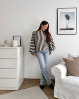 Ballon Strickpullover mit Streifen Braun/Weiß