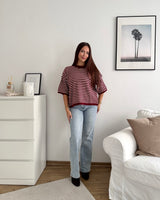Kurzarm Strickpullover gestreift Weinrot/Weiß