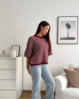 Kurzarm Strickpullover gestreift Weinrot/Weiß