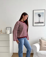 Strickpullover gestreift Weinrot/Weiß