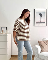 Oversized T-Shirt gestreift Strick Beige/Braun