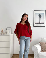 Kurzarm Strickpullover Weinrot