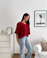 Kurzarm Strickpullover Weinrot