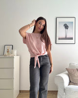 T-Shirt gestreift mit Knoten Strick Rosa