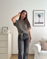 T-Shirt gestreift mit Knoten Strick Schwarz