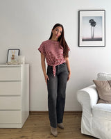 T-Shirt gestreift mit Knoten Strick Weinrot