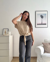 T-Shirt gestreift mit Knoten Strick Taupe