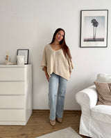 Oversized Kurzarm Strickpullover Beige