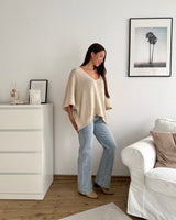 Oversized Kurzarm Strickpullover Beige