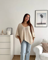 Oversized Kurzarm Strickpullover Beige