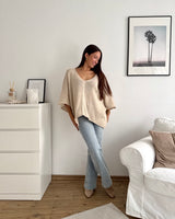 Oversized Kurzarm Strickpullover Beige