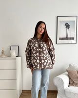 Kurze Oversized Strickjacke mit Leomuster Hellbraun/Beige