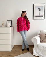Kurze Oversized Strickjacke mit Leomuster Pink/Rot