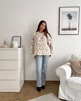 Kurze Oversized Strickjacke mit Leomuster Beige/Taupe
