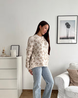 Kurze Oversized Strickjacke mit Leomuster Beige/Taupe