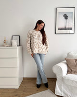 Kurze Oversized Strickjacke mit Leomuster Beige/Taupe