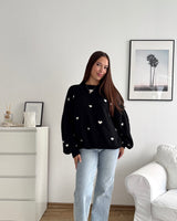 Strickpullover mit kleinen Herzen Schwarz/Weiß
