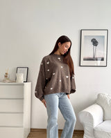 Strickpullover mit kleinen Herzen Hellbraun/Weiß