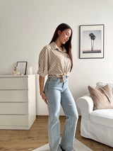 Bluse gestreift mit Knoten Strick Taupe