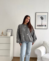 Strickpullover mit kleinen Herzen Grau/Weiß