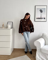 Strickpullover mit kleinen Herzen Braun/Weiß