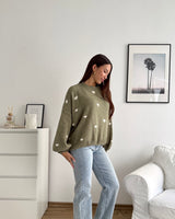 Strickpullover mit kleinen Herzen Olive/Weiß