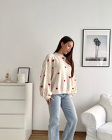 Strickpullover mit kleinen Herzen Beige/Rot
