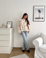 Strickpullover mit kleinen Herzen Beige/Rot