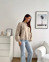 Strickpullover mit kleinen Herzen Taupe/Weiß