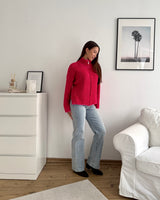 Strickjacke mit Zipper fein gestreift Pink/Rot