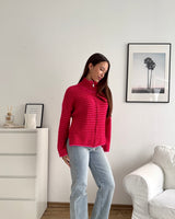 Strickjacke mit Zipper fein gestreift Pink/Rot
