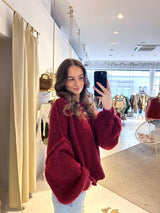 Kurzer Oversized Strickpullover Weinrot