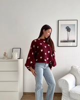 Ballon Strickpullover mit kleinen Herzen Weinrot