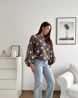 Ballon Strickpullover mit kleinen Herzen Hellbraun
