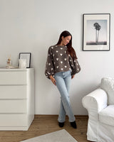 Ballon Strickpullover mit kleinen Herzen Hellbraun