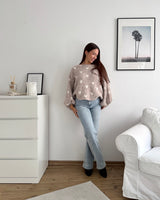 Ballon Strickpullover mit kleinen Herzen Taupe