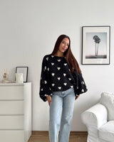 Ballon Strickpullover mit kleinen Herzen Schwarz