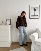 Ballon Strickpullover mit kleinen Herzen Braun