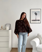 Ballon Strickpullover mit kleinen Herzen Braun